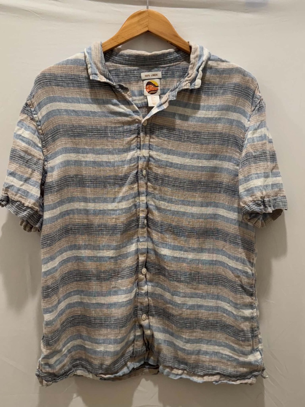 C&C California Striped Linen Women's 100% Linen Button-Down Shirt Blue & Brown L